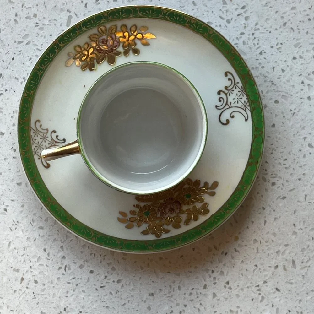 Hand Painted SGK China Demitasse Cup & Saucer Set With Gold & Green Floral Desig
